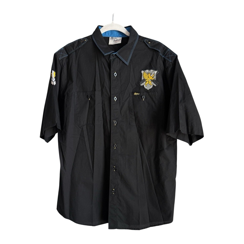 Vtg Mecca Apparel Shirt Mens XL Black Y2K Military Patch Work Hip Hop Goth